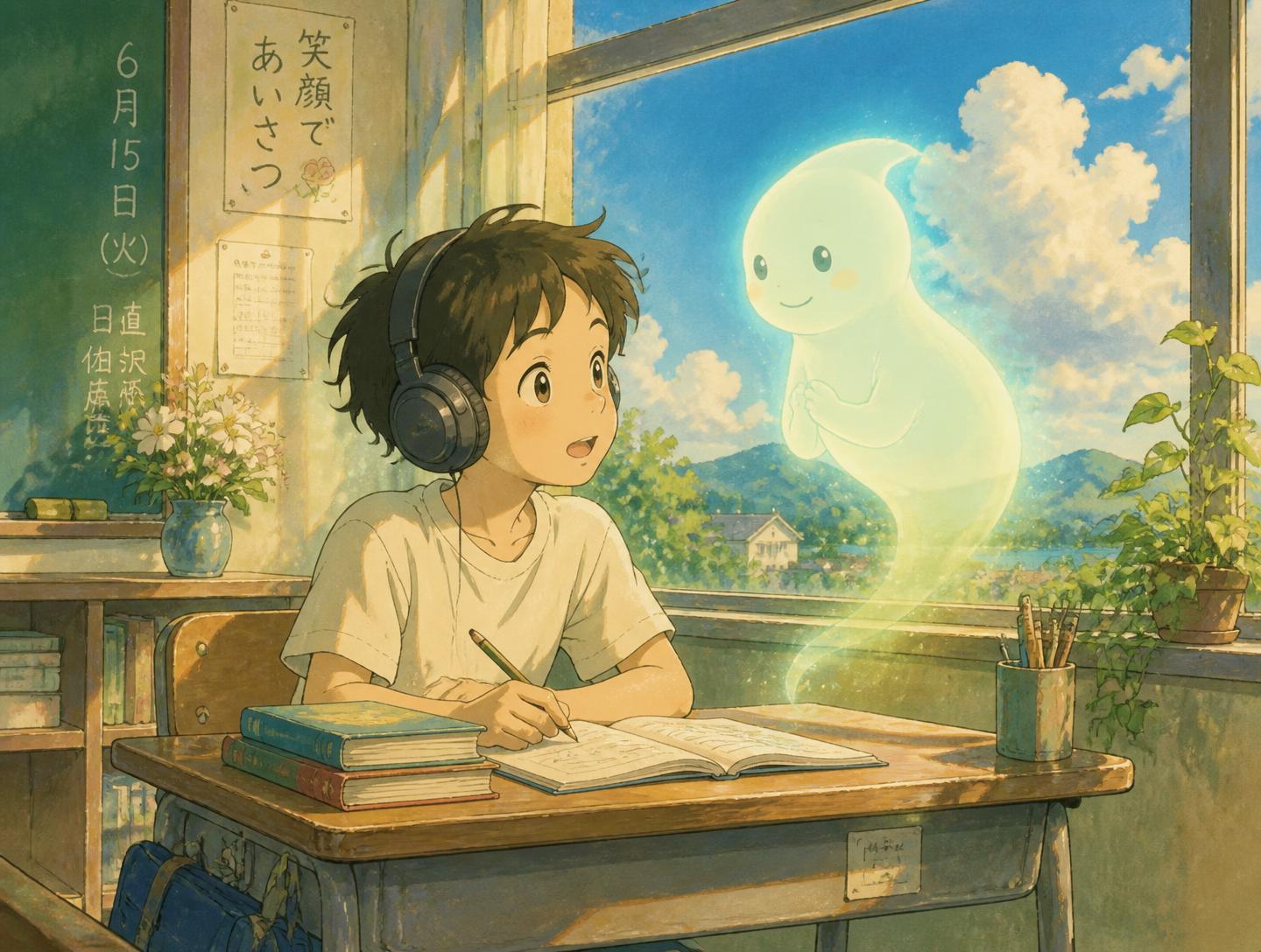 A child wearing headphones talking with a gentle glowing companion in a sunlit, hand-painted classroom